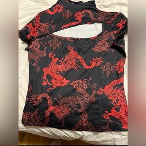 Red Dragon Print Mock Neck Cutout Back Short Sleeve Top Black Women Small